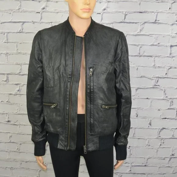 Mens All Saints Leather Bomber Jacket Motorcycle cafe racer Jacket size 43